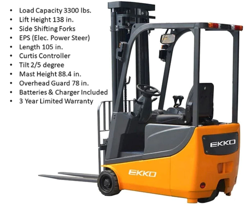 3 Wheel Electric Forklift 138" Lift 3300 lbs | Ekko EK13A - ForkLift USA