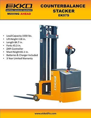 Counterbalance Walkie Stacker 1550lbs. Cap., 118" Height | EK07S - ForkLift USA