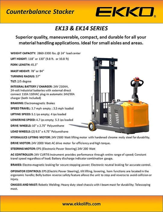 Counterbalanced Walkie Stacker 3300 lb Cap., 118" Height | EK14 - ForkLift USA